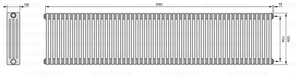 Схема (чертеж) Радиатор Zehnder Charleston 4120/52 №7610 Белый глянцевый RAL 9016